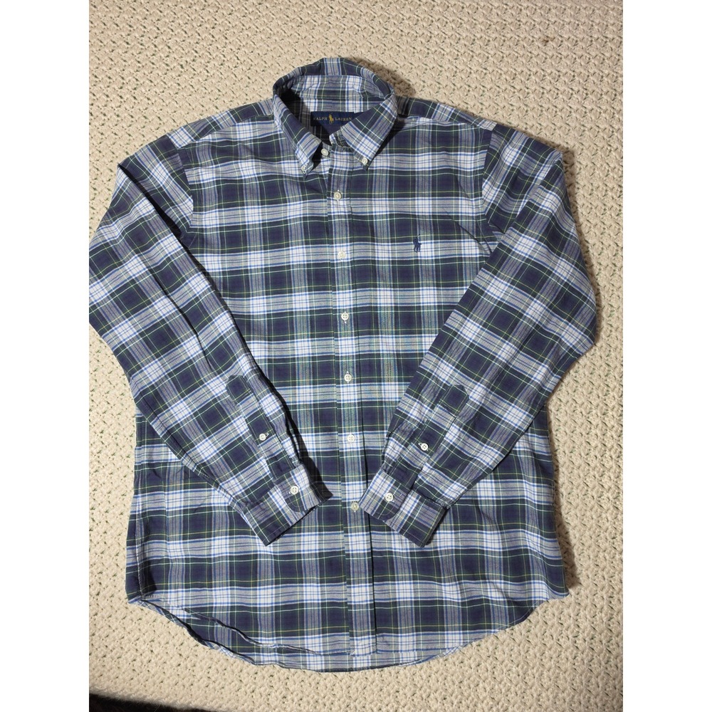 Ralph Lauren Button Down Shirt Mens Large Navy Green Plaid Excellent Long Sleeve
